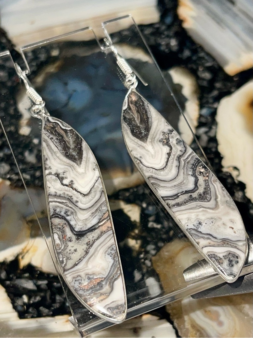 Jumbo Elongated Phantom Zebra Calcite Earrings 3”